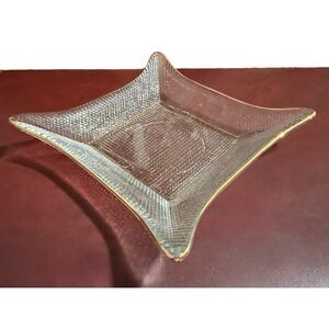 MCM Waffle Glass 9.5" Dish Gold Trim Elongated Corner Trinket Candy Bowl Ashtray